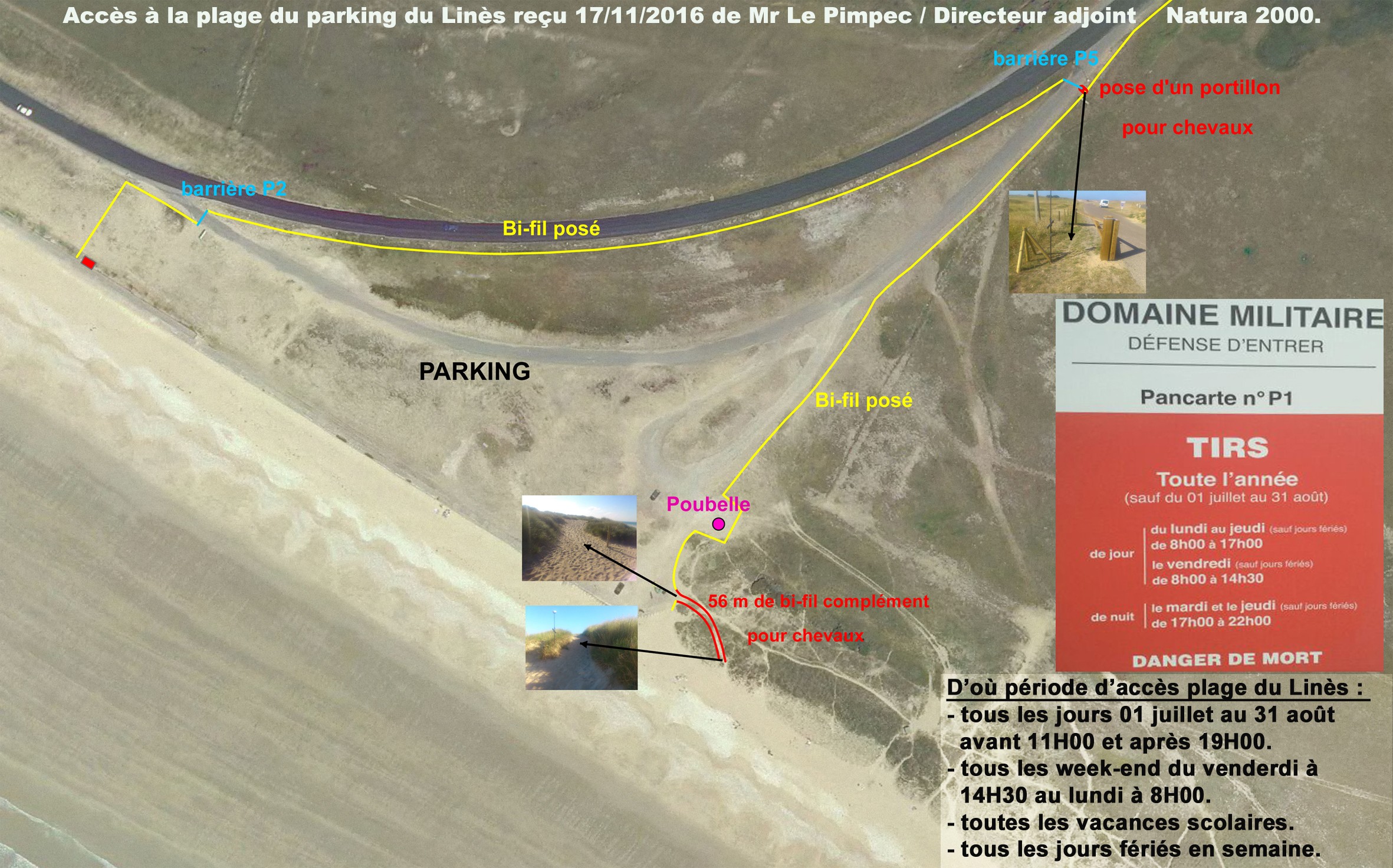 Horaire et plan d'accès à la plage du haut du parking de la plage du Linès par Natura 2000