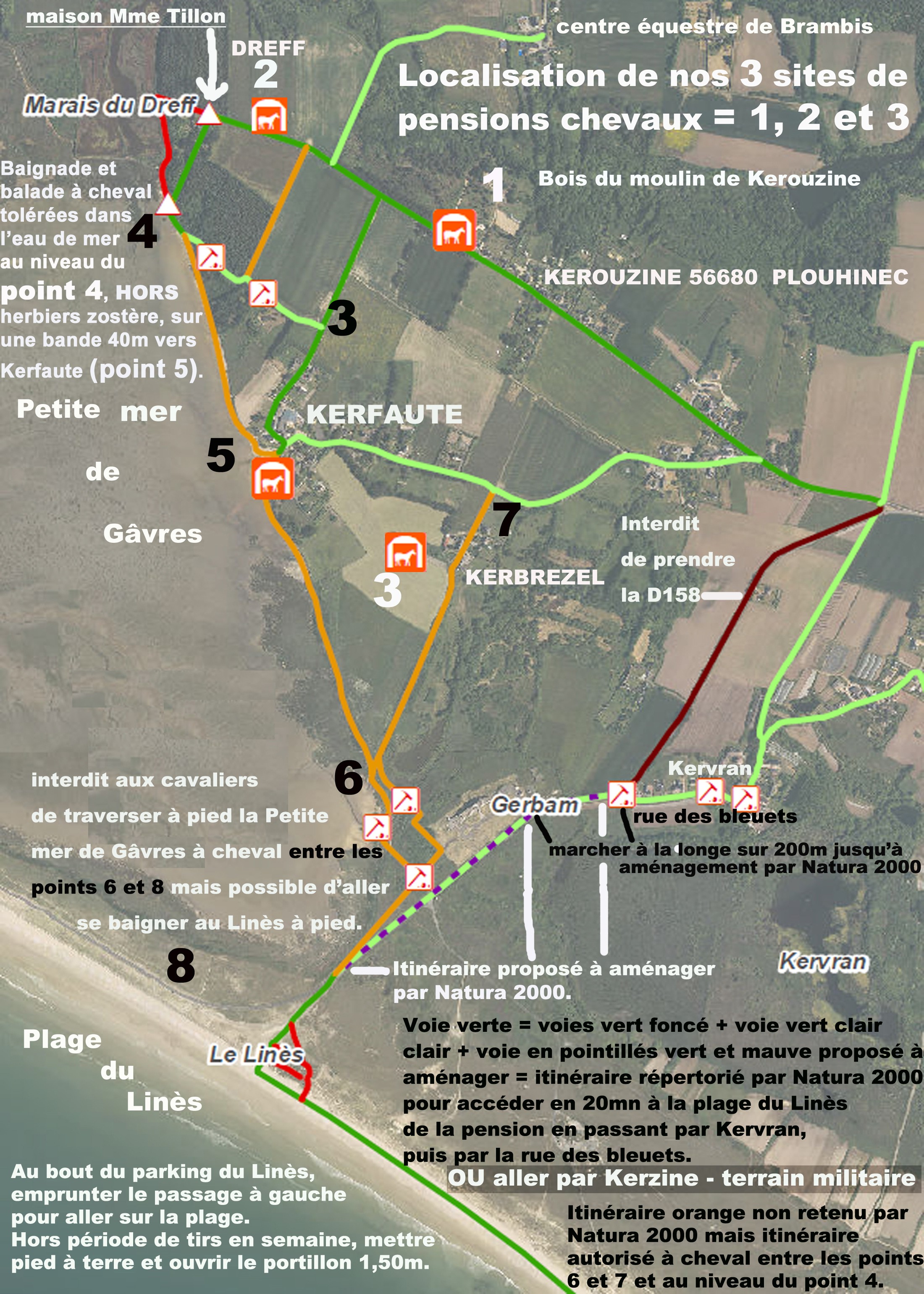 itinéraires accès de la pension à plage du Linès et Petite mer de Gâvres + précisions