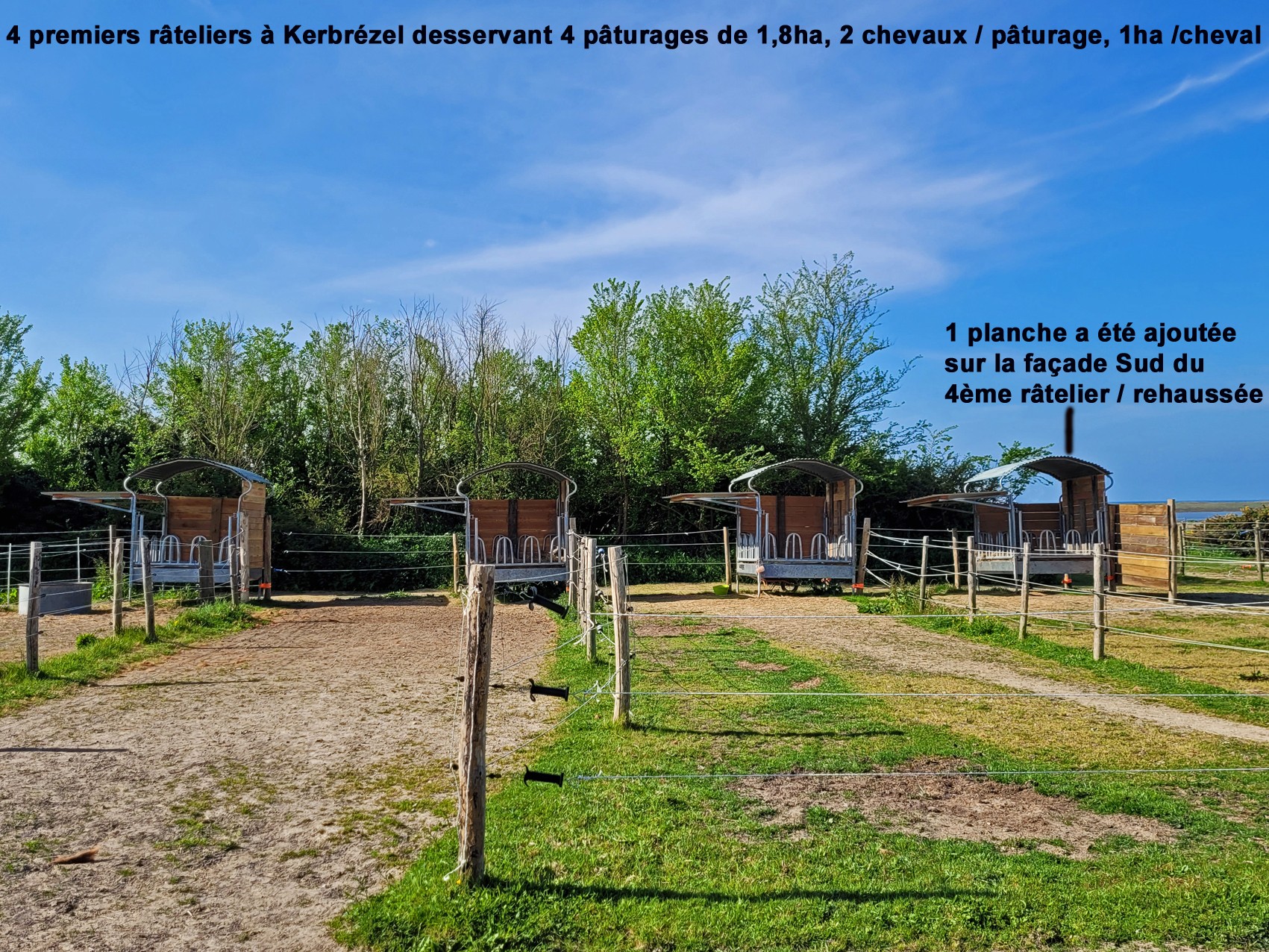 4 premiers râteliers à Kerbrézel desservant 4 pâturages 1,8ha - 2ème auvent en attente